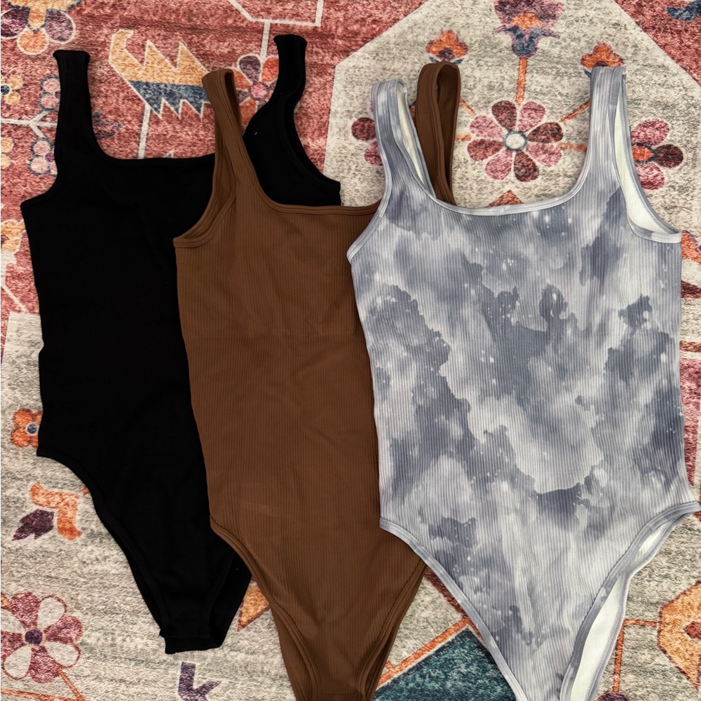 OQQ Women's Bodysuit Trio - Black, Brown, and Gray Tie Dye
